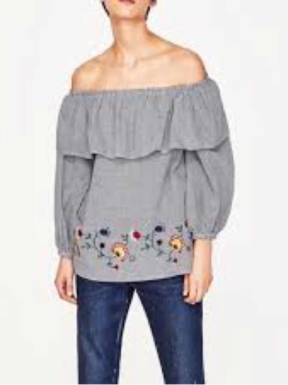 Zara Woman Gingham Off-Shoulder Floral Embroidered Blouse Medium